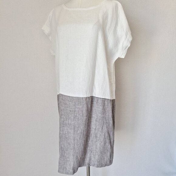 NWT Garnet Hill Meraki Linen Color Block Shift Dress Pocket White Grey - Picture 2 of 14